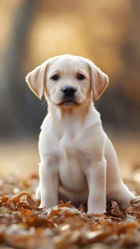 Golden labrador puppy seated in crisp autumn leaves outdoors.
