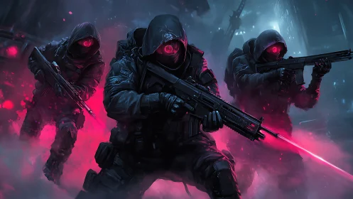 Hooded cyber soldiers advance through neon soaked city streets.