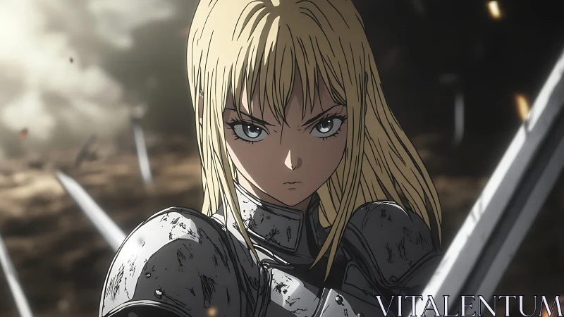 Blonde armored warrior stares forward holding raised sword