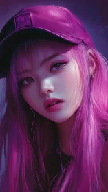 Digital portrait of pink haired woman in cap, neon hues.