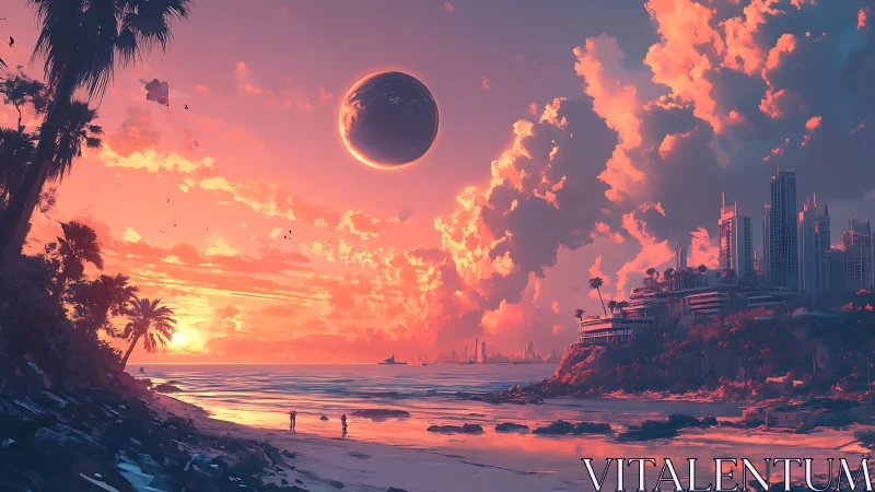 Tidal exoplanet horizon with neo-tropical coastal megacity.