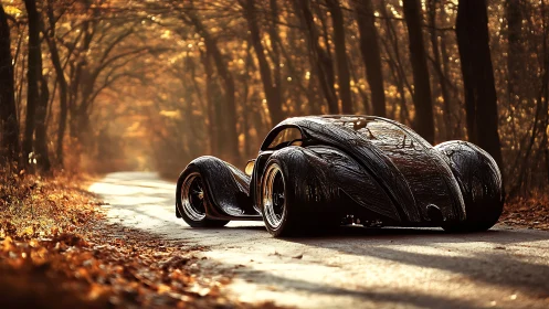 Futuristic black concept car on quiet autumn forest road.