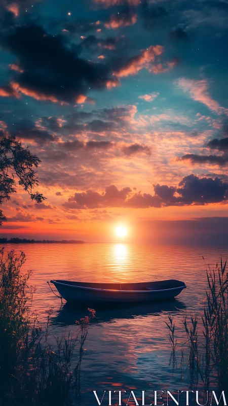 Rowboat on calm lake under vivid sunset sky at dusk.