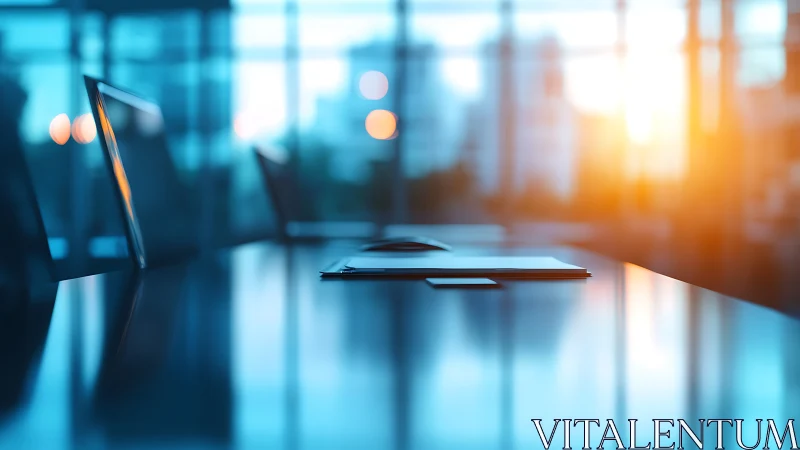 Photorealistic corporate boardroom table at sunrise focus.