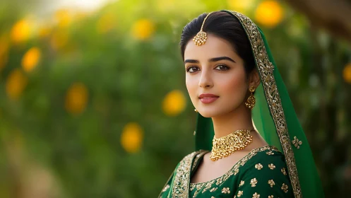 Graceful woman in green traditional dress under soft sunlight.