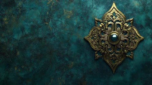 Ornate golden medallion glowing on rich teal stone wall.
