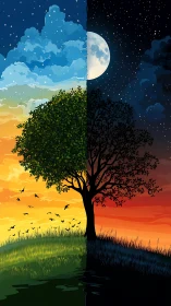 Digital painting diptych of day and night landscape symmetry.