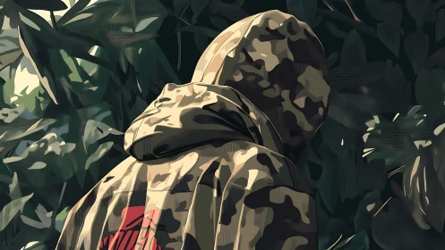 Person in camo hoodie stands in dense stylized foliage