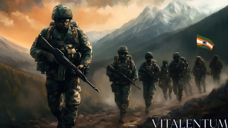 Mountain guardians march beneath ember skies of valor.