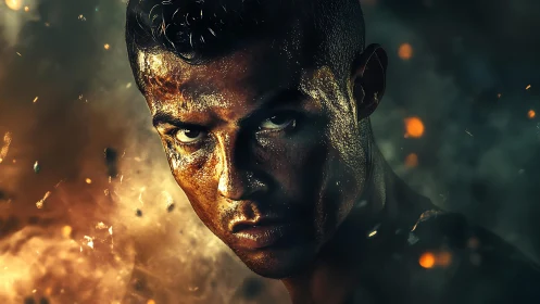 Intense male portrait in dramatic fiery light and smoke.