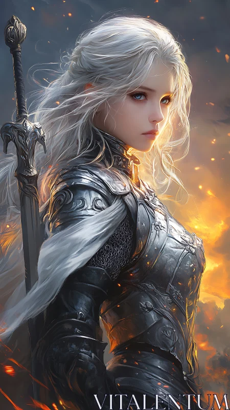 Silver flame knightess guarding the ember-washed horizon.