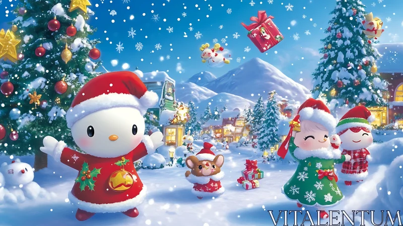 Cartoon characters in snowy Christmas village landscape.