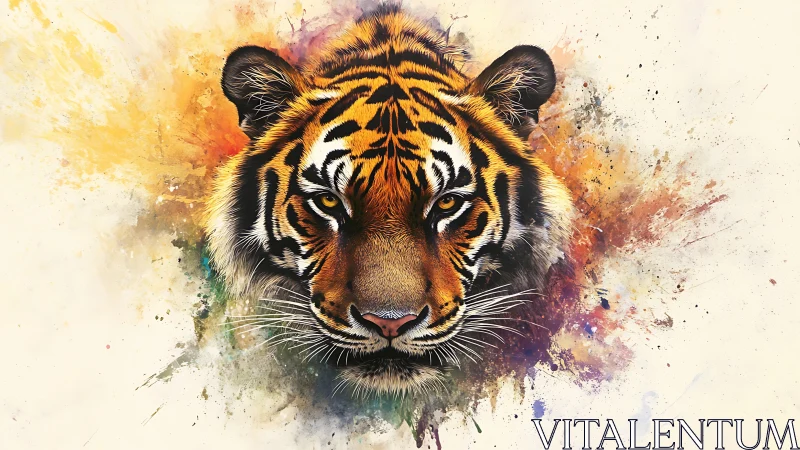 Tiger’s intense gaze erupts from vibrant watercolor splashes