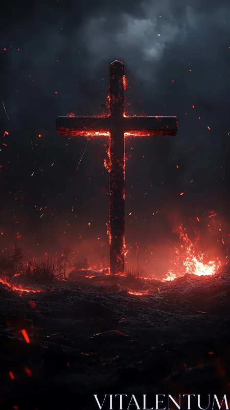 Burning cross in dark landscape with glowing embers.