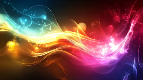 Colorful flowing light waves on abstract dark background.