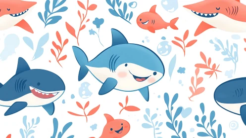 Cartoon sharks and sea plants repeat across a white field