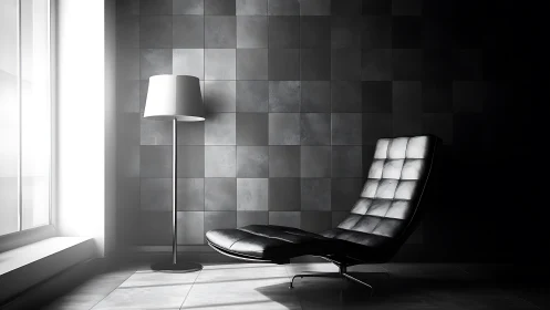 Monochrome lounge chair and floor lamp occupy tiled interior
