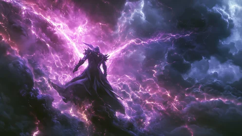 Dark mage channels violet storm energy in dynamic silhouette