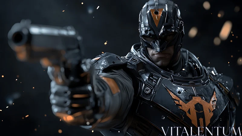 Armored vigilante aiming forward in cinematic close-up.