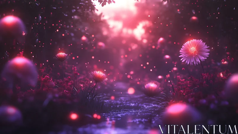 Glowing pink flowers line a reflective stream at sunset