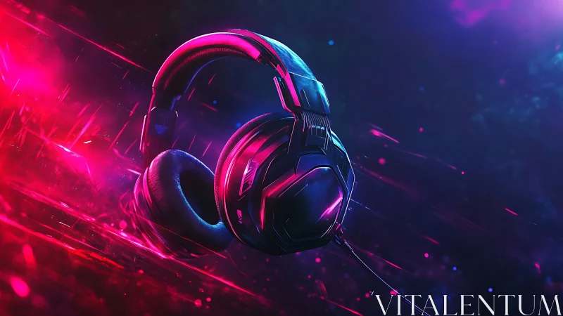 Glowing gaming headphones float in a neon sci fi soundscape