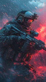 Tac-ops soldier storms neon battlefield under blizzard fire.