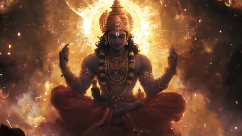 Deity figure in meditative pose with radiant backlight.