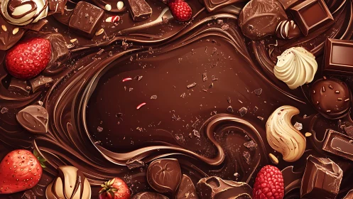 Swirling chocolate dream with berries and playful sweets.