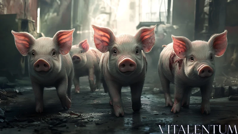 Four piglets walk forward in a grim, ruined urban alley