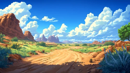 Sunlit desert trail winding toward distant painted mesas.