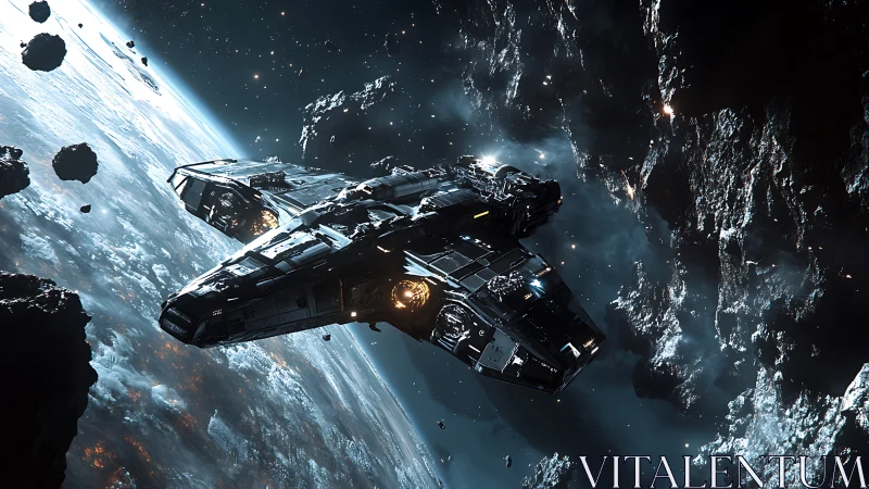 Large spacecraft in asteroid field above planetary surface.
