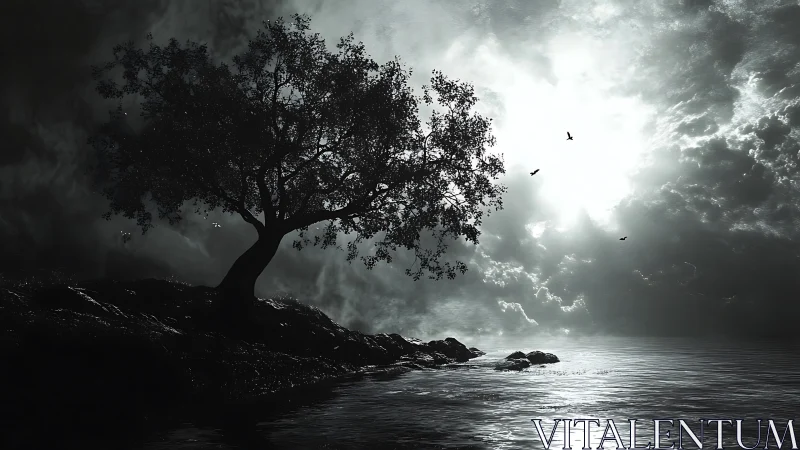 Solitary shoreline tree embraces a storm-lit monochrome sky