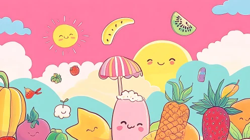 Sunny smoothie carnival with giggling kawaii fruit friends.