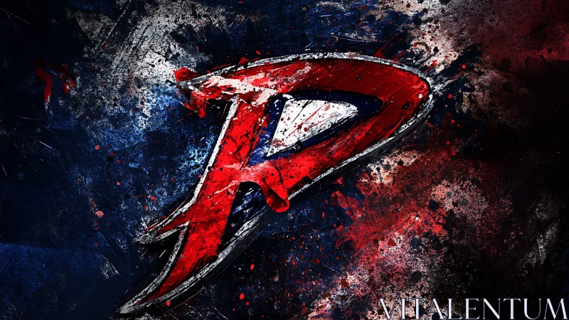 Grunge digital emblem with red P monogram and splatter field.