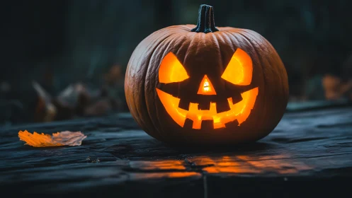 Grinning jack-o’-lantern on wet wood in moody twilight.