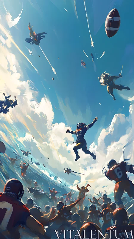 Football players soar through sky in a surreal, explosive play