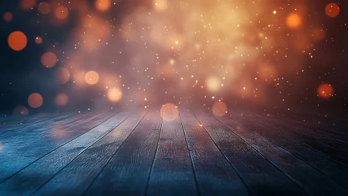 Stage of ember-lit planks under drifting twilight sparkles.