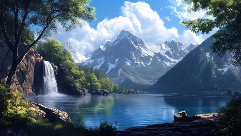 Sunlit alpine lake and waterfall beneath towering peaks.