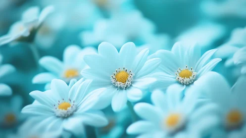 Pale blue daisies with golden centers in soft-focus macro composition.