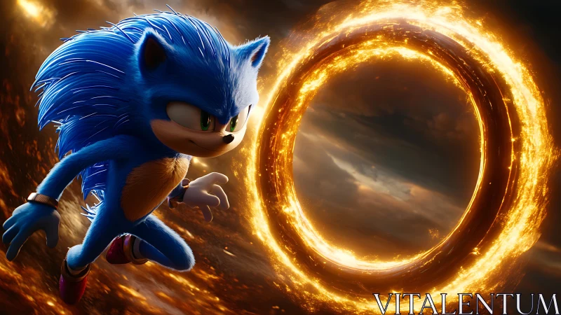 Blue speedster races a blazing cosmic ring of fire.