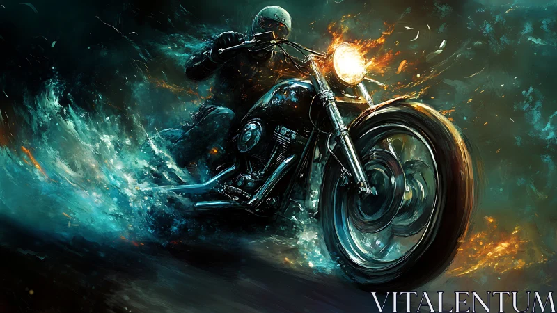 Motorcycle rider cuts through fire and water at high speed