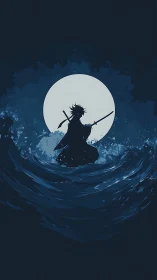 Lone anime swordsman stands in dark ocean under full moon.