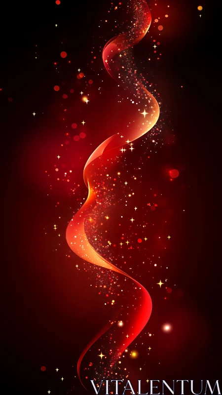 Luminous red ribbon of light swirls through a starry void