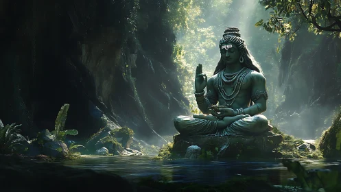 Serene stone deity statue meditating in lush forest river.