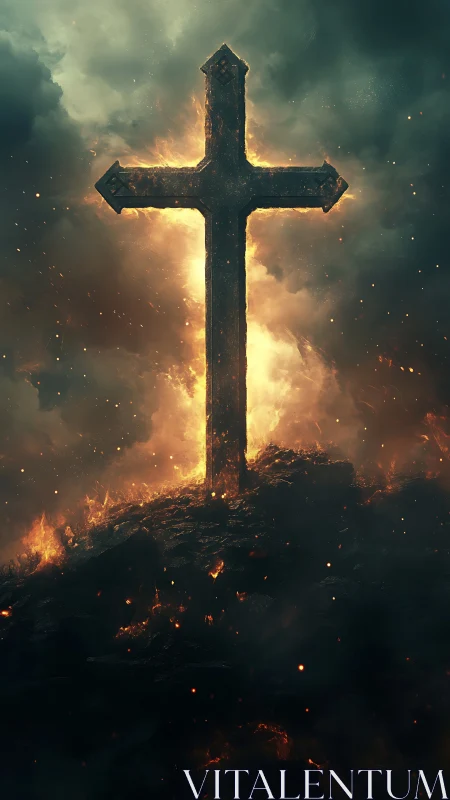 Burning cross rises from dark embers through storm clouds