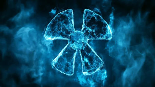 Luminous radioactive symbol sculpted from crackling blue energy.