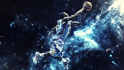 Cosmic basketball slam dunk in electric blue space storm.