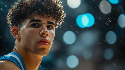 Focused young athlete under stadium lights in the rain.
