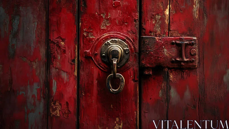 Weathered red wooden door with old metal lock closeup.