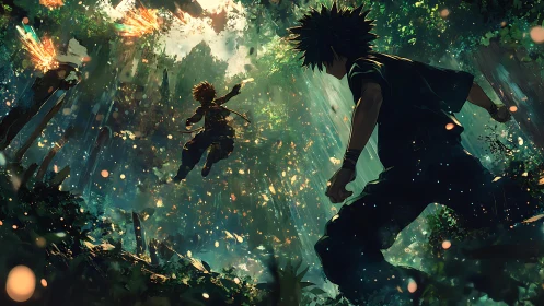 Dynamic anime duel unfolds in volumetric forest light and debris